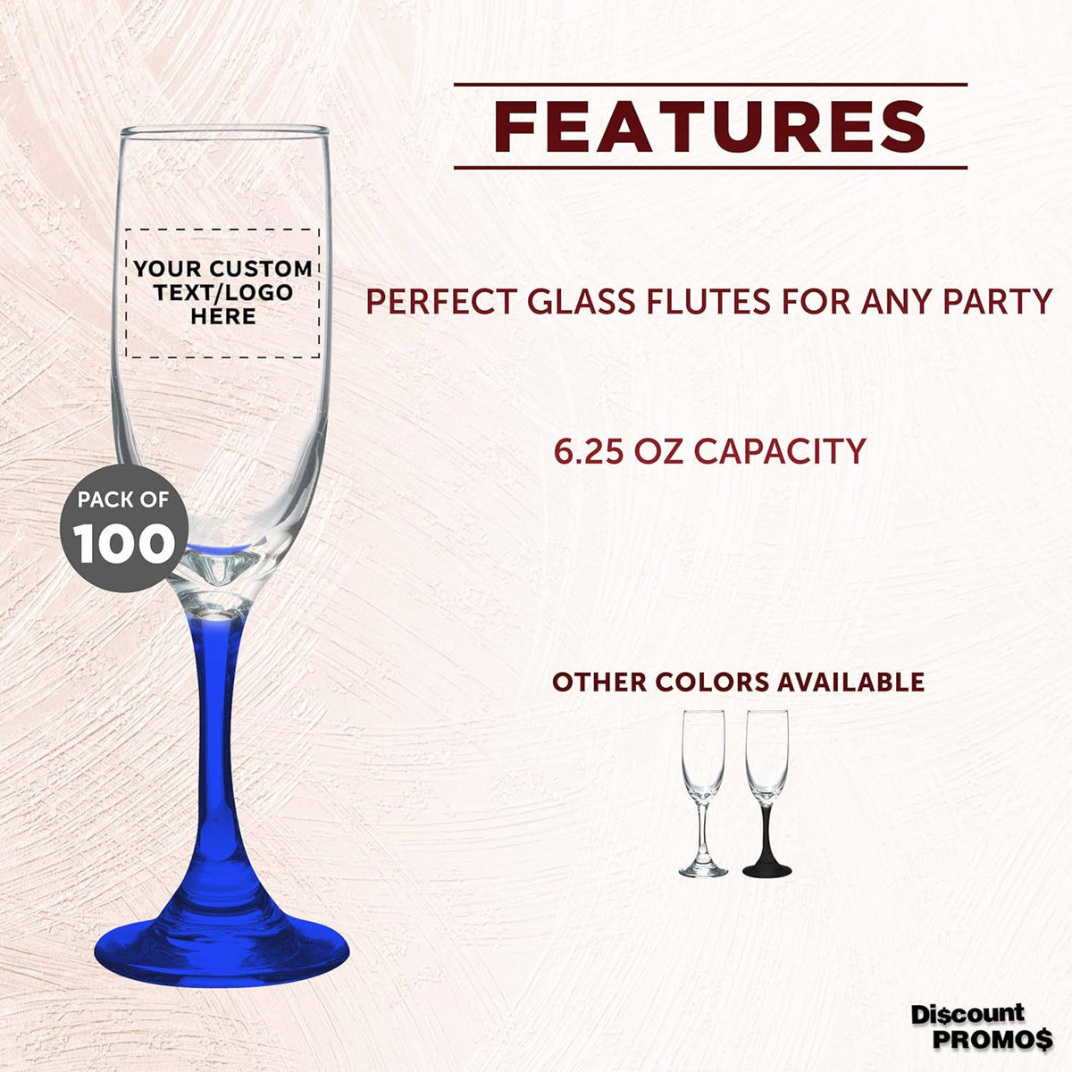 DISCOUNT PROMOS Custom Premiere Champagne Flutes 6.25 oz. Set of 100, Personalized Bulk Pack