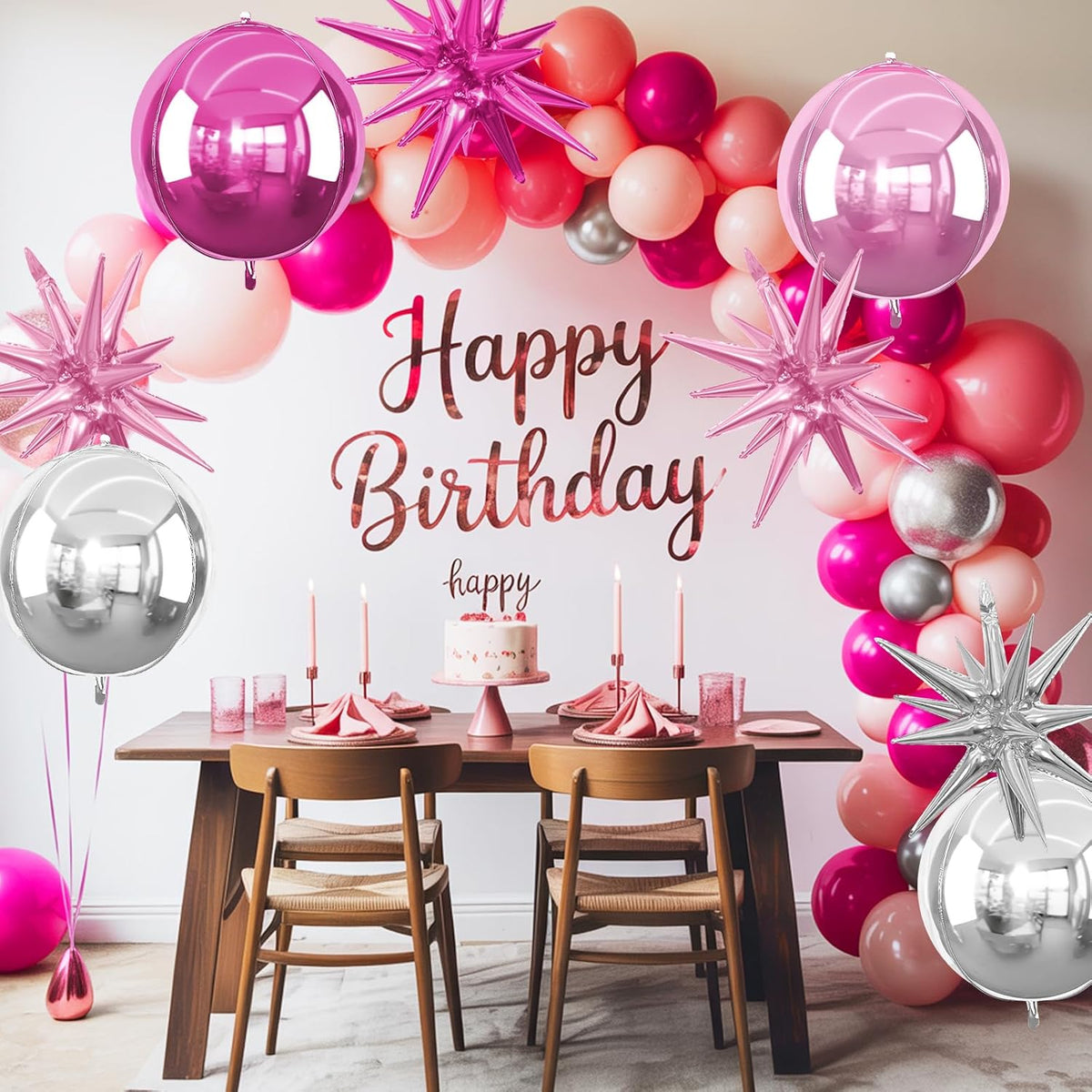 6Pcs Pink Silver Foil Balloons,22Inch Hot Pink Silver 4D Round Ball Balloon and Explosion Star