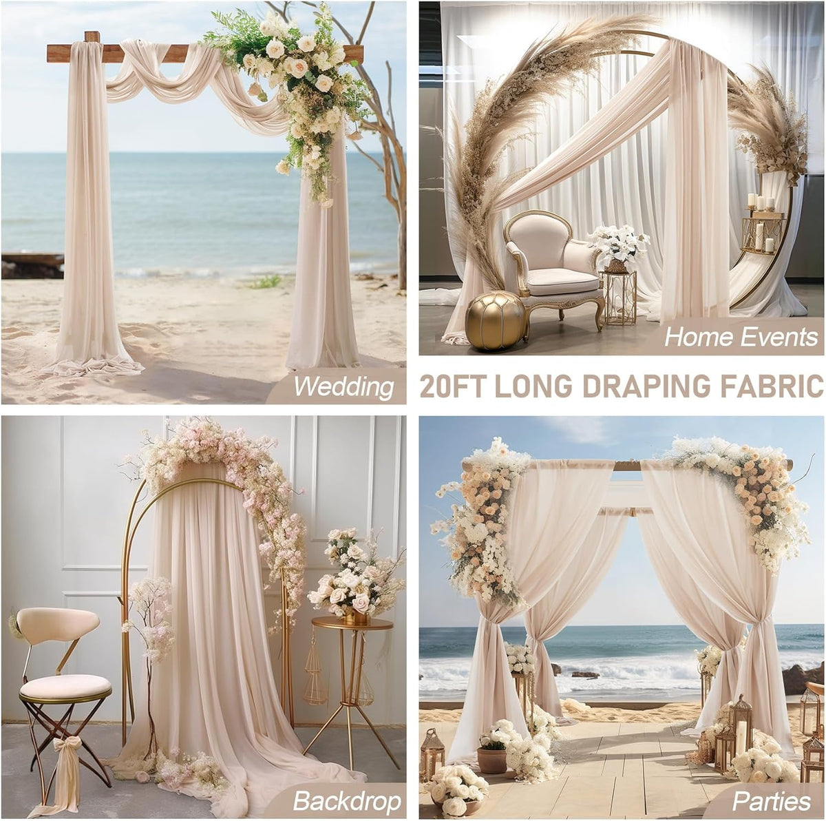 30" x 20Ft Wedding Arch Draping Fabric, 2 Panels Dark Champagne Sheer Curtain Drapes Extra Wide &