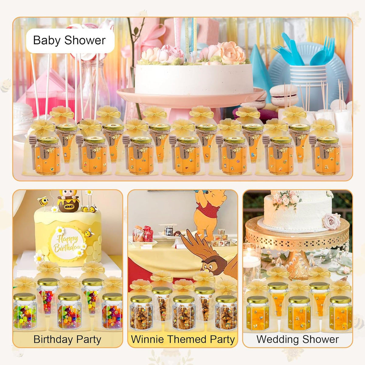 35 Pack 4 oz Mini Hexagon Glass Honey Jars with Dippers, Gold Lids, Bee Stickers, Bee Charms, Gift