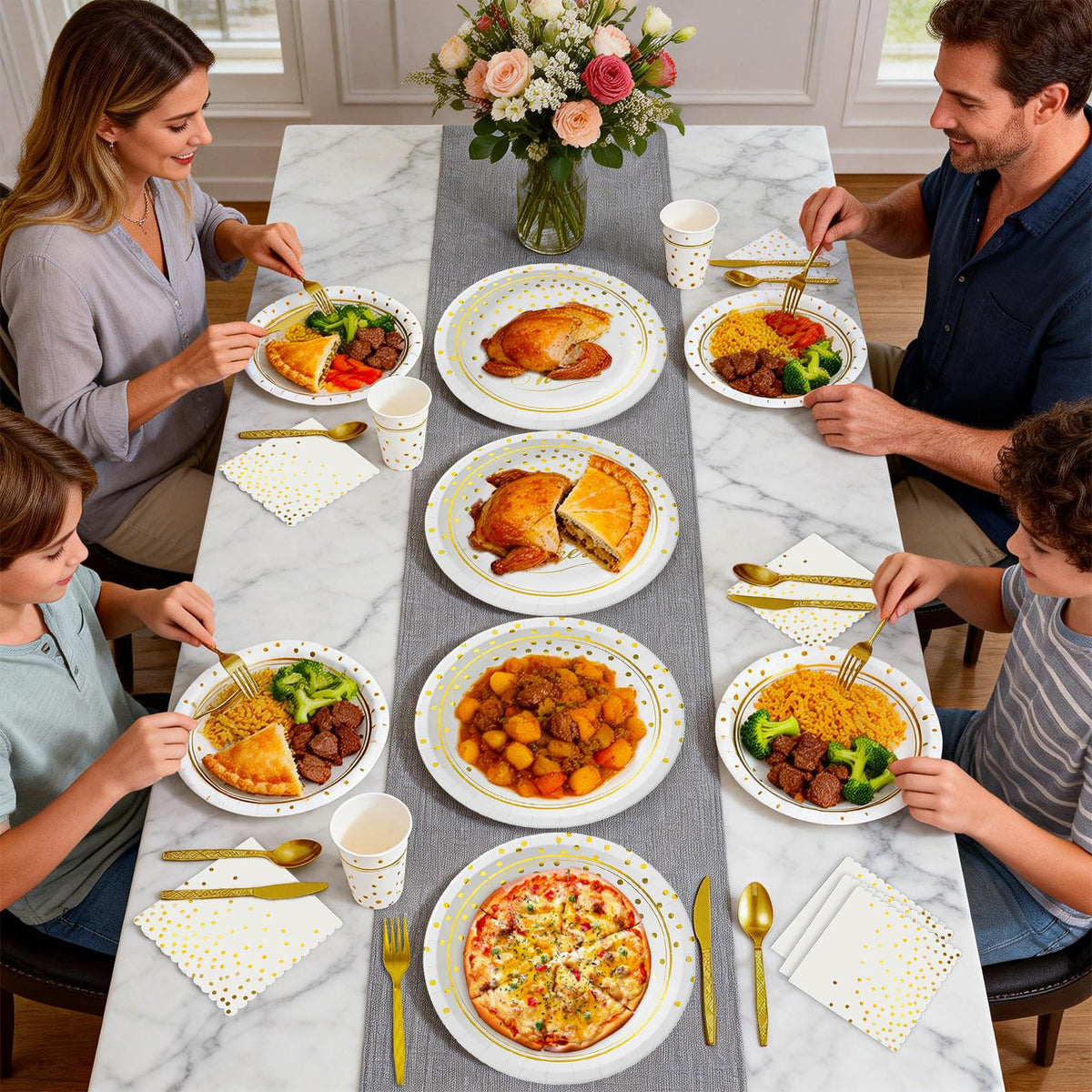 168Pcs White and Gold Paper Plates and Napkins Party Supplies for 24 Guest