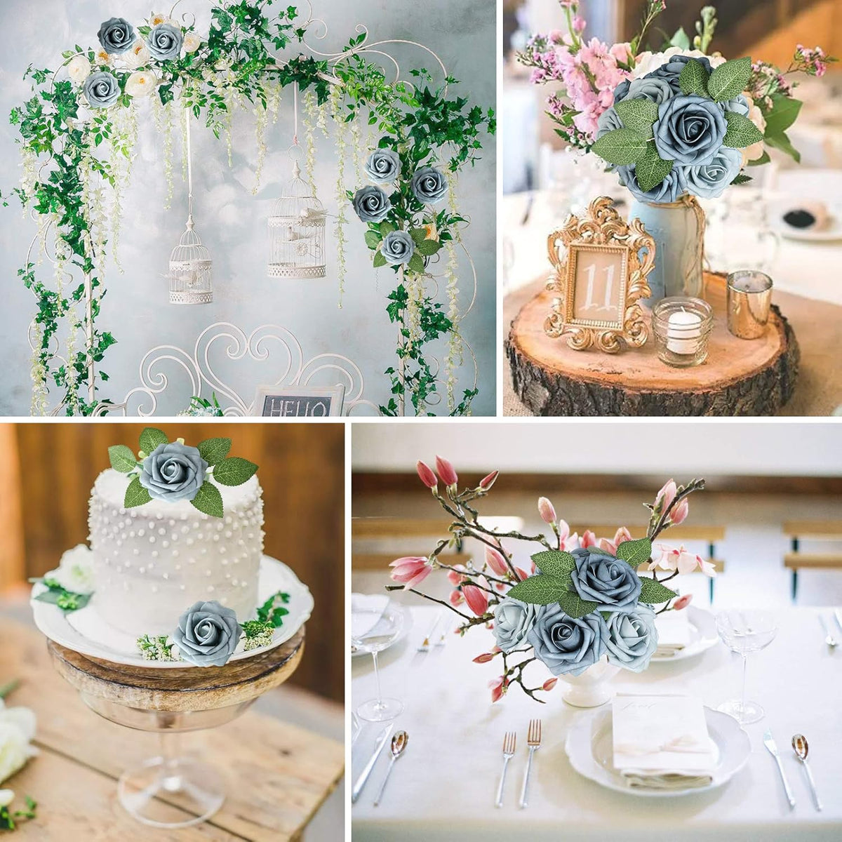AmyHomie Artificial Flower Dusty Blue Shades Rose 25pcs Real Looking Fake Roses w/Stem for DIY