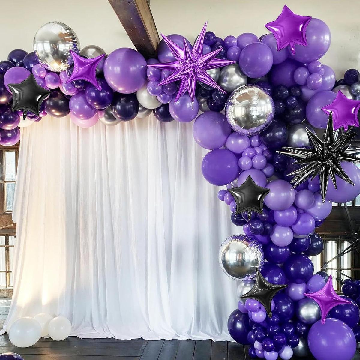 Purple Black Star Balloon,16Pcs Star Foil Balloons Set with 22Inch Explosion Spike Cone Balloons