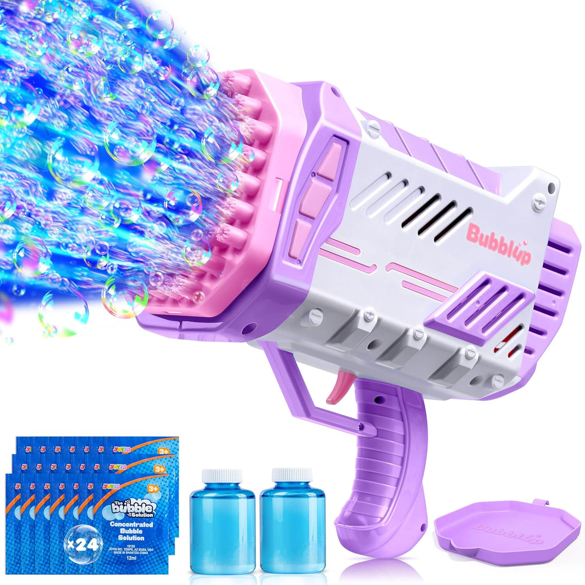 Sloosh Bubble Machine Gun W/Solution for Kids Ages 4-8, Light-Up Bazooka Rocket Shape Bubble Guns