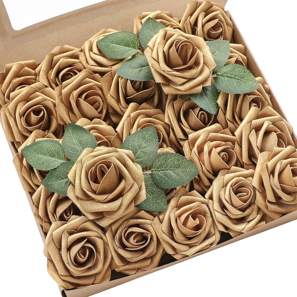 Floroom Artificial Flowers 25pcs Real Looking Antique Gold Foam Fake Roses with Stems for DIY