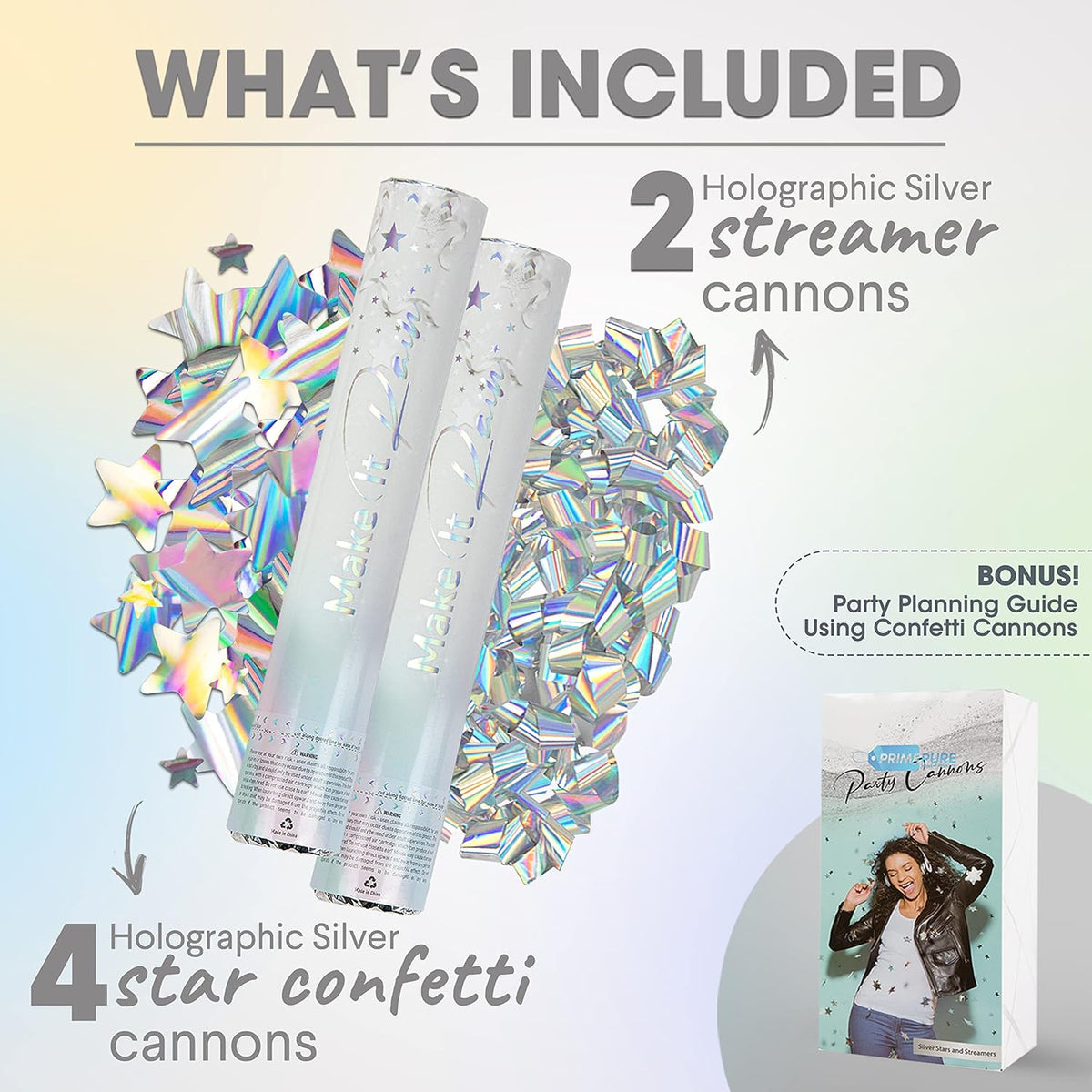 PrimePure Confetti Cannon Party Poppers - Holographic Silver Stars Confetti Popper & Streamer - 6