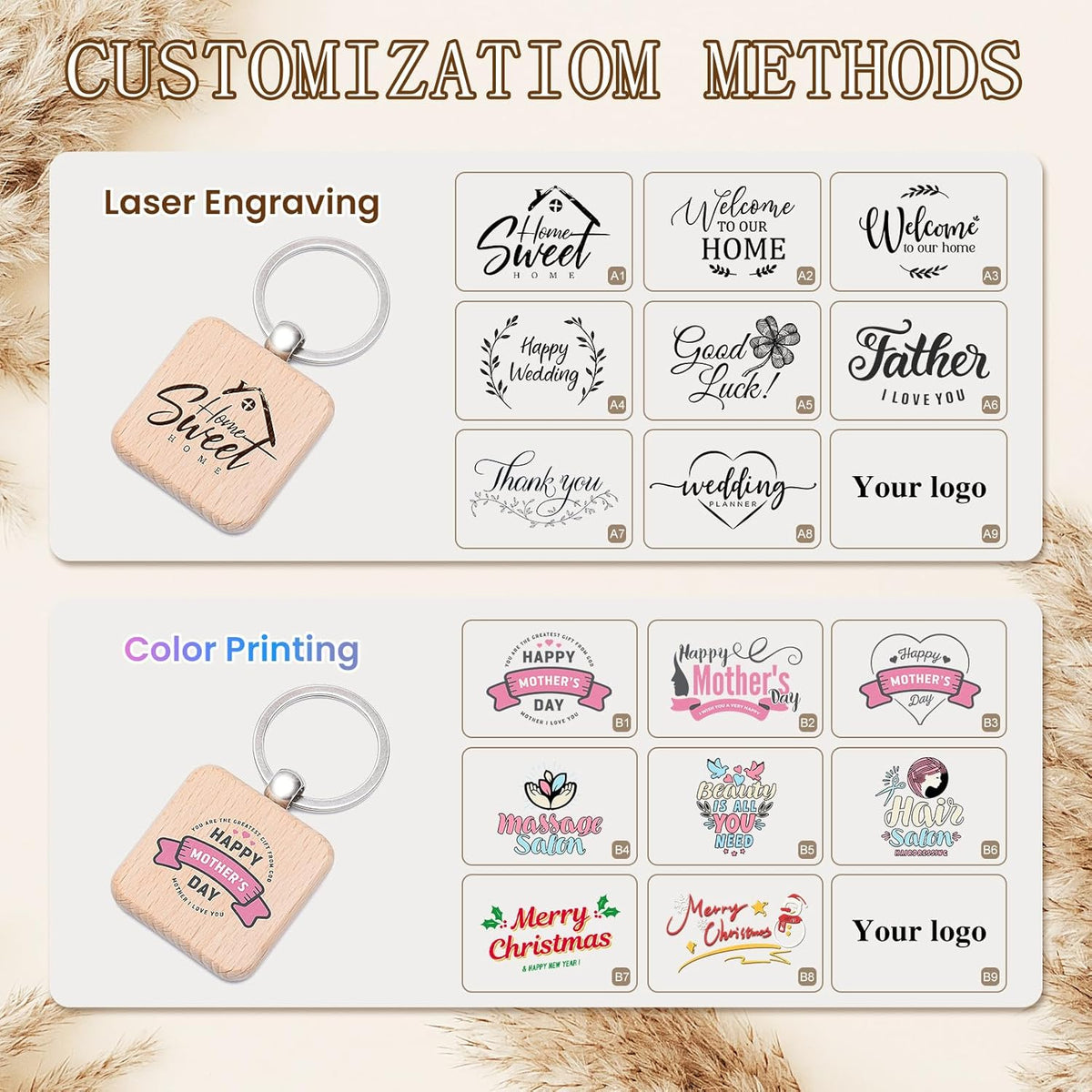 Custom Engraved Wooden Keychain 1-1000Pcs, Personalized Wood Keychains Bulk, Customized Your LOGO &