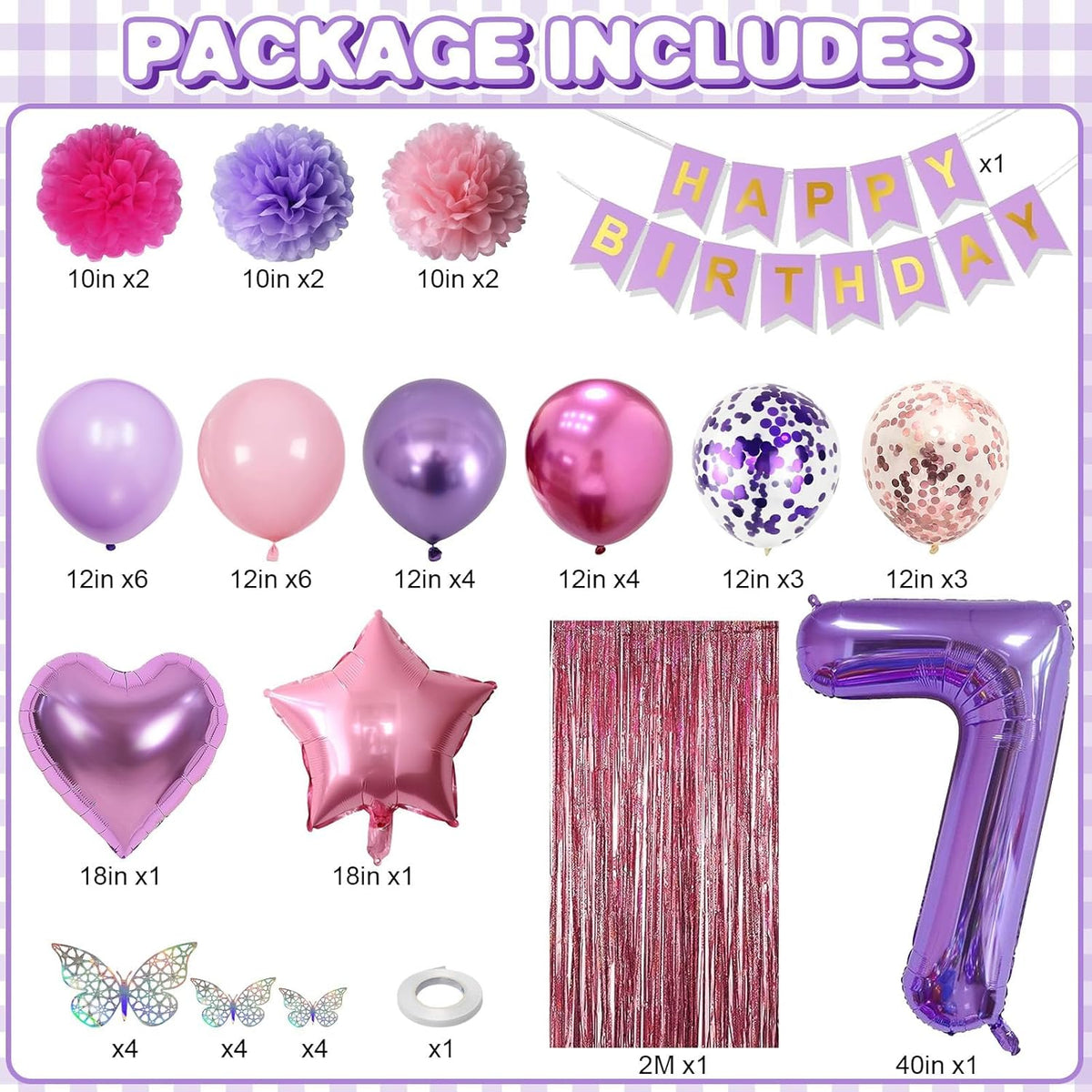 Pink Purple 7th Birthday Party Decorations for Girls Number 7 Balloon Happy Birthday Banner