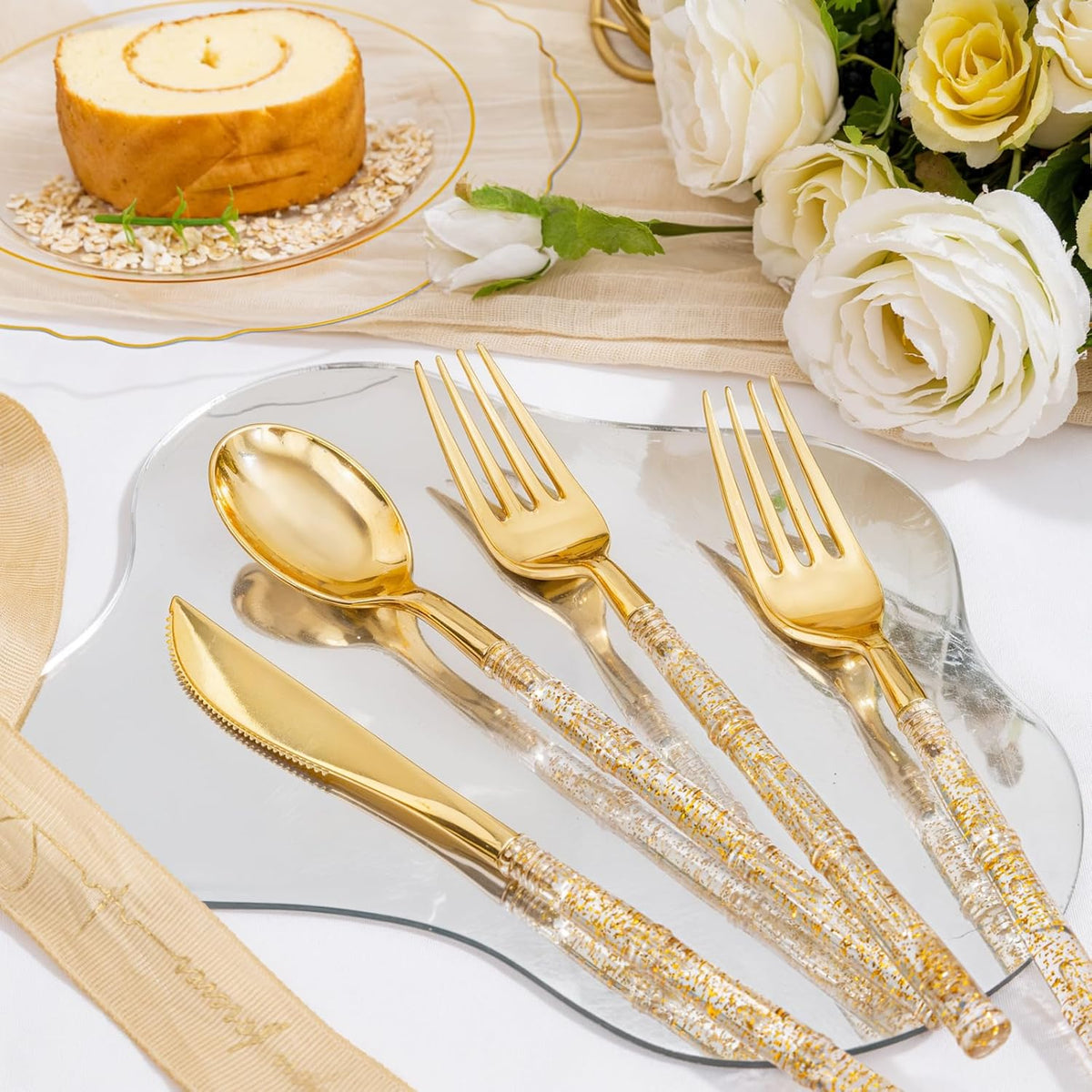 Liacere 150PCS Clear Gold Plastic Plates - Disposable Plastic Silverware with Glitter Bamboo Handle