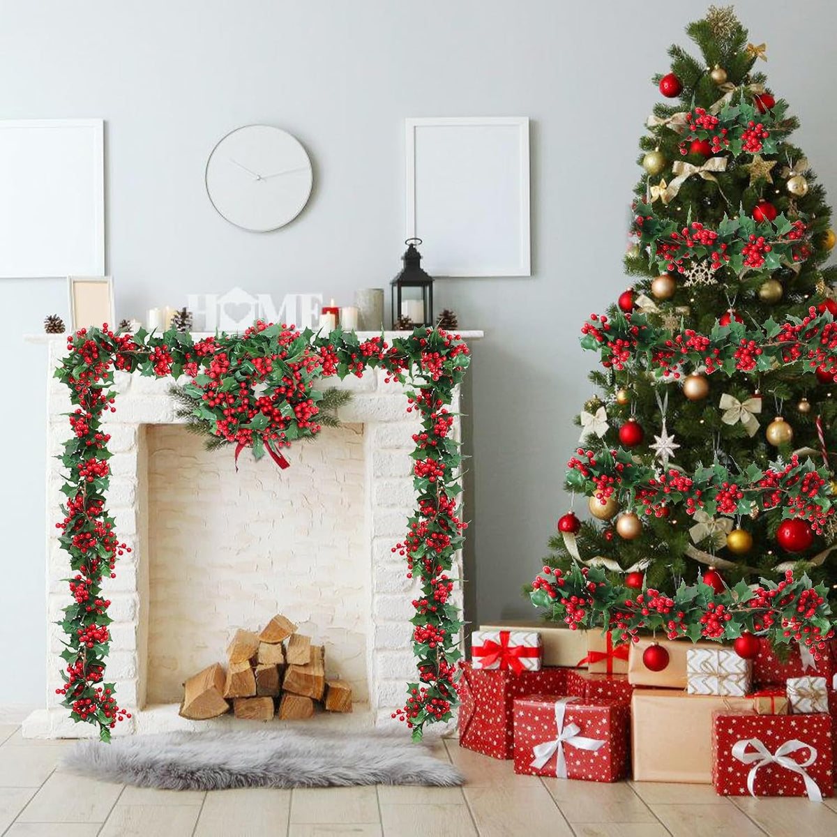 Uguisu 2pcs 5.6ft Red Artificial Christmas Garland,Eucalyptus Green Garland with Berry Flower