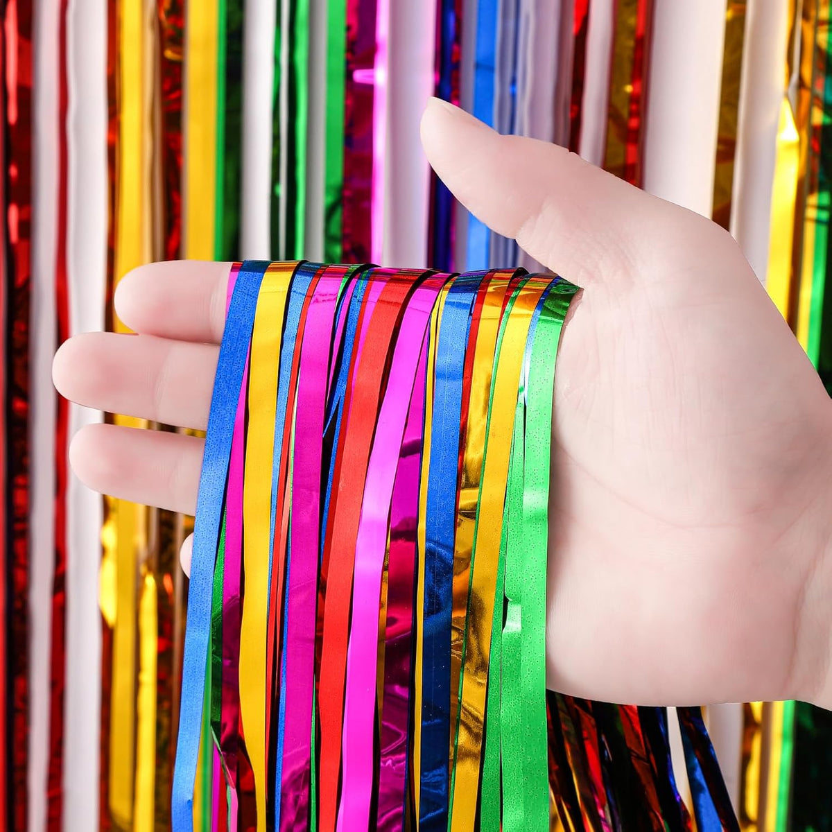 4 Pack 3.3x8.2 Feet Rainbow Foil Fringe Backdrop Curtains, Tinsel Streamers Birthday Party