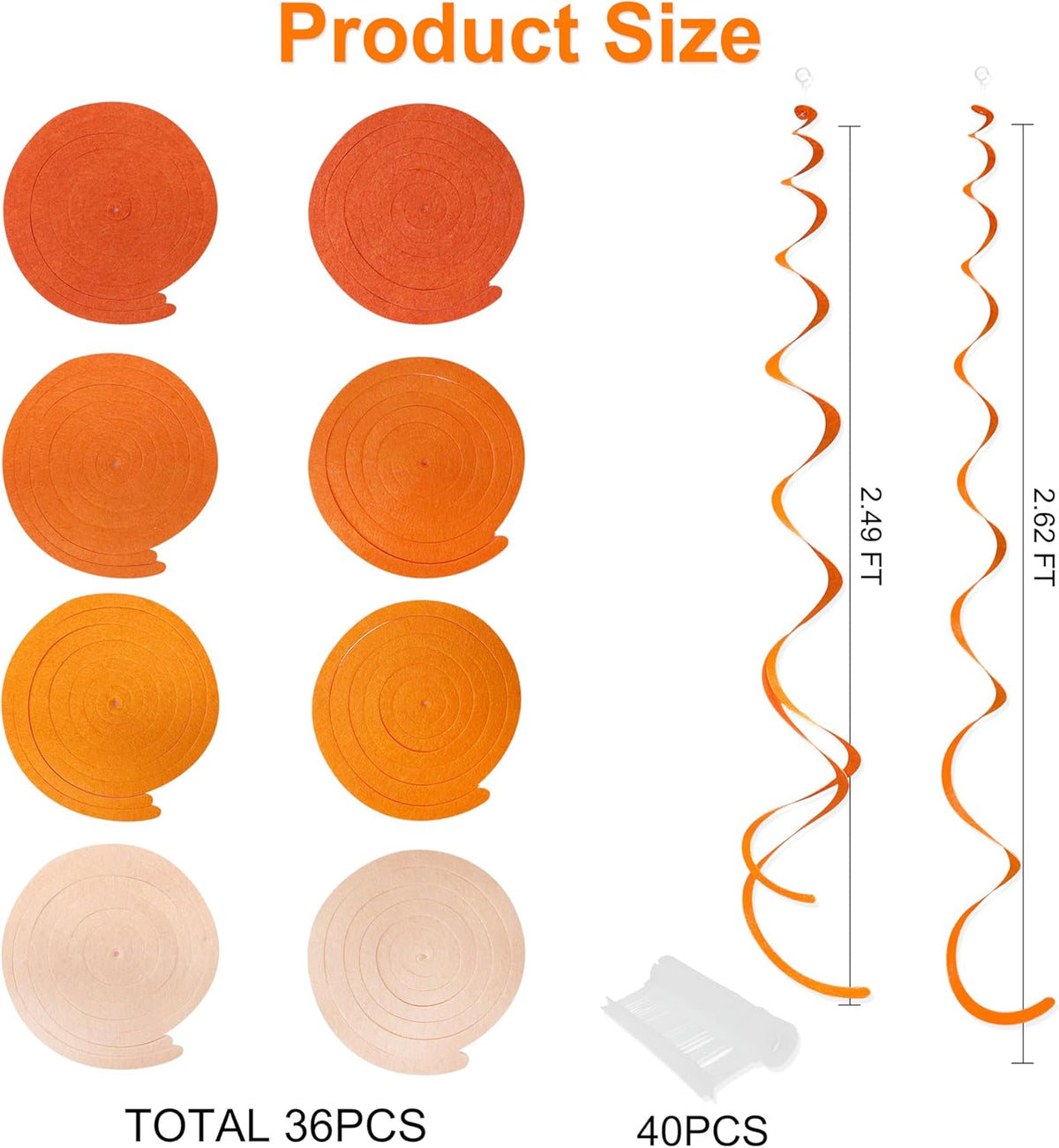 36Pcs Orange Hanging Swirl Decorations Ombre Orange Felt Swirl Streamer Spiral Ceiling Garland for
