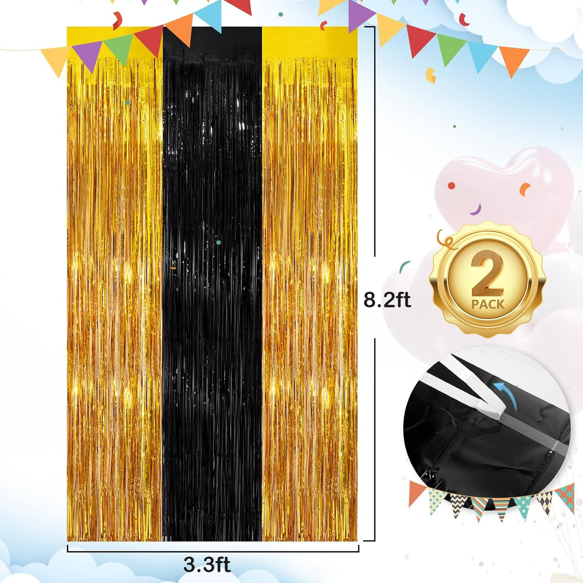Black Gold Streamer Tinsel Foil Fringe Curtains Streamer 2Pack 3.3X 8.3Ft Streamer Tinsel Streamer