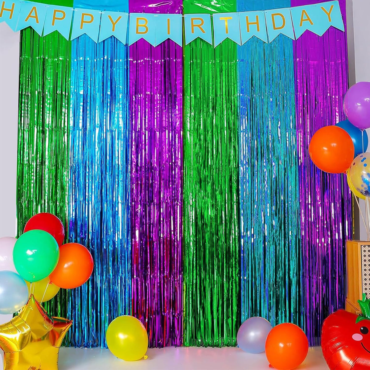 CANREVEL 2 Pack 3.3x8.2 Feet Green Blue and Purple Foil Fringe Backdrop Curtains, Tinsel Streamers