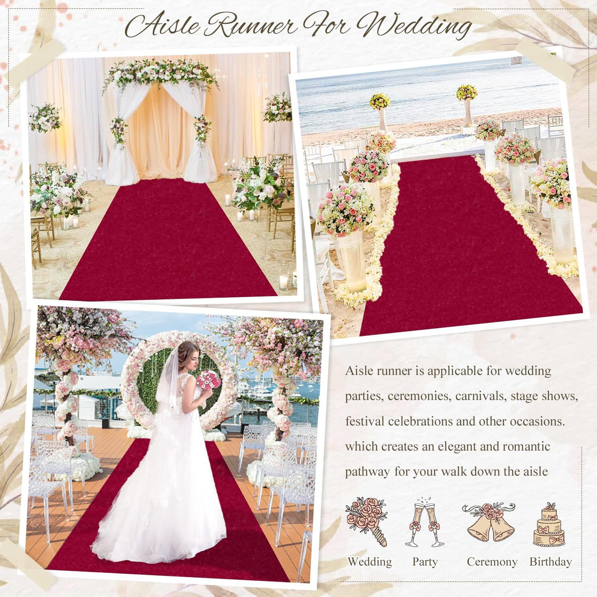 MODFUNS Aisle Runners for Weddings Burugndy Aisle Runner Rug 4FTx20FT Wedding Carpet Aisle Runner