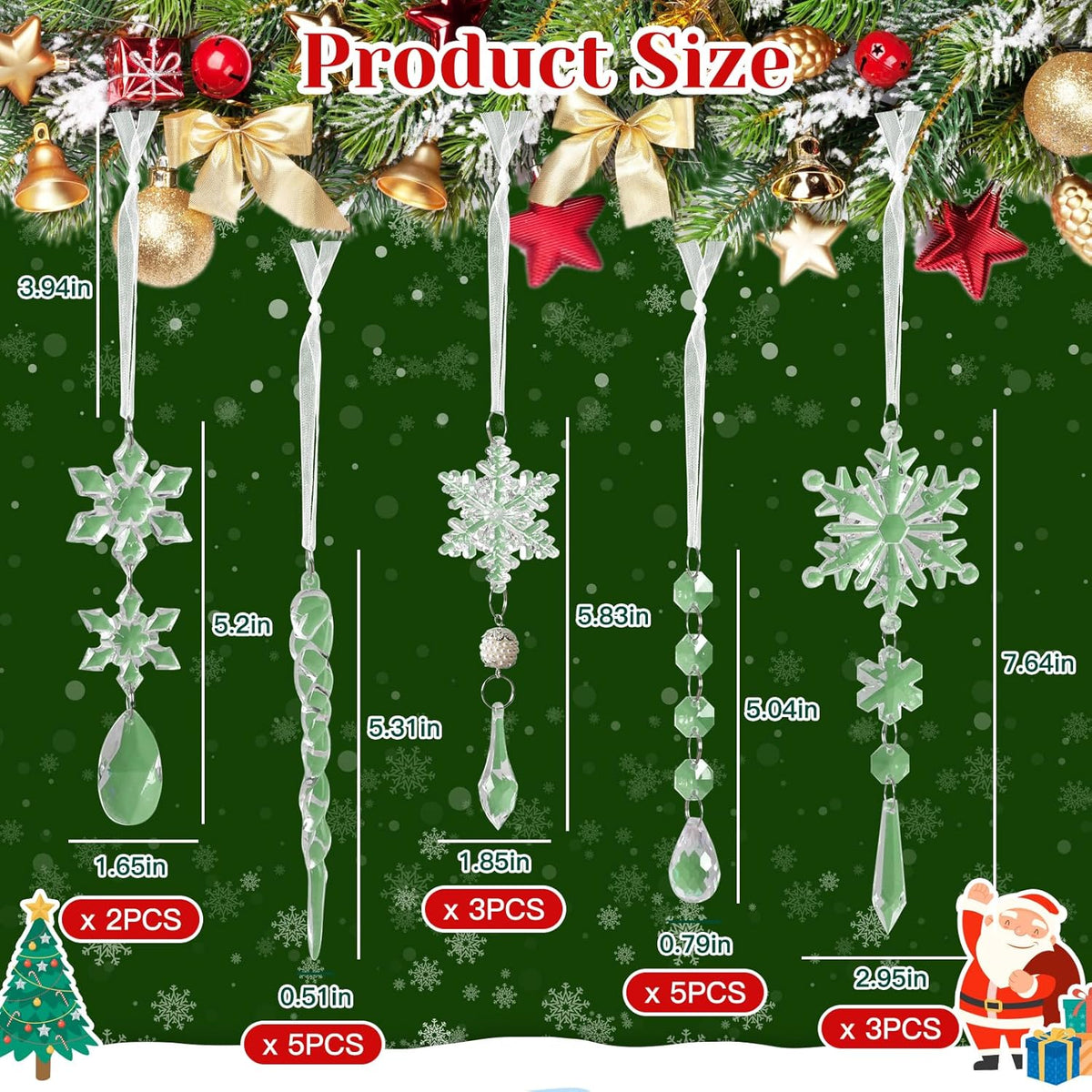 Christmas Tree Decorations 18Pcs, Acrylic Crystal Ornaments for Christmas Tree- Hanging Christmas