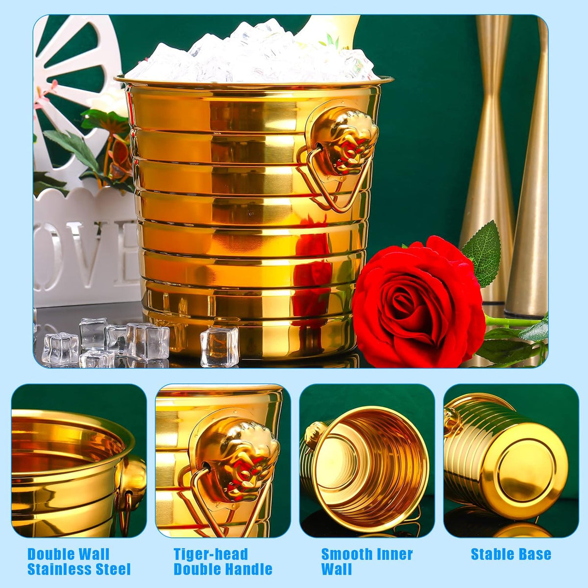 Pinkunn 6 Pack Stainless Steel Champagne Bucket 3 Qt Metal Ice Bucket Double Wall Wine Bucket with