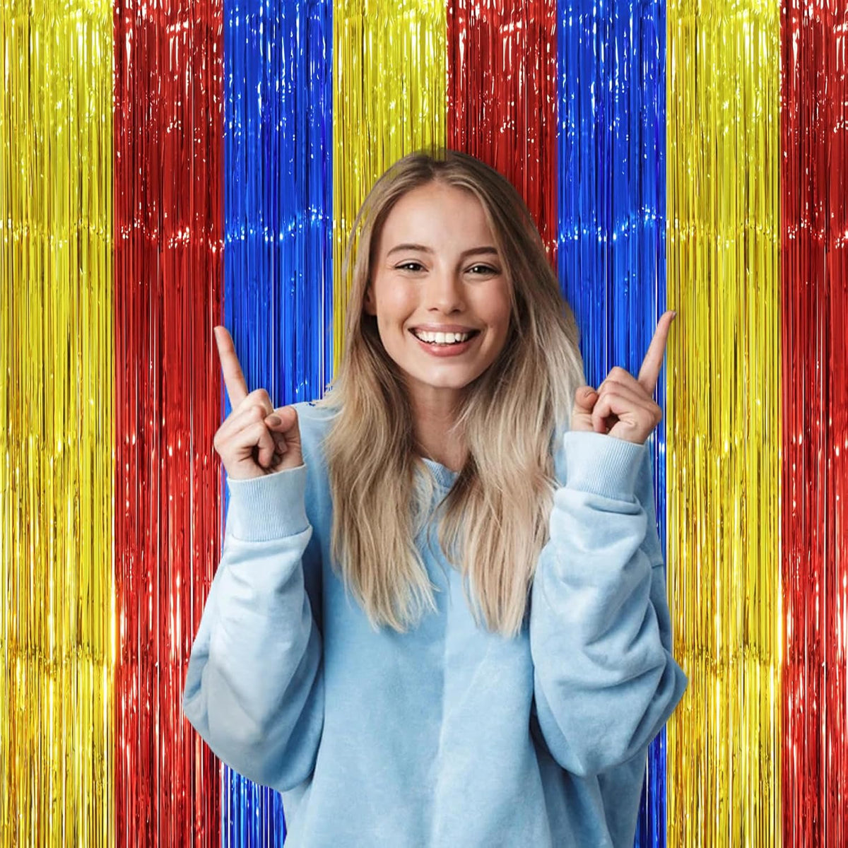 2 Pack Blue Red Gold Foil Fringe Backdrop Curtains, Tinsel Streamers Party Decorations, Fringe