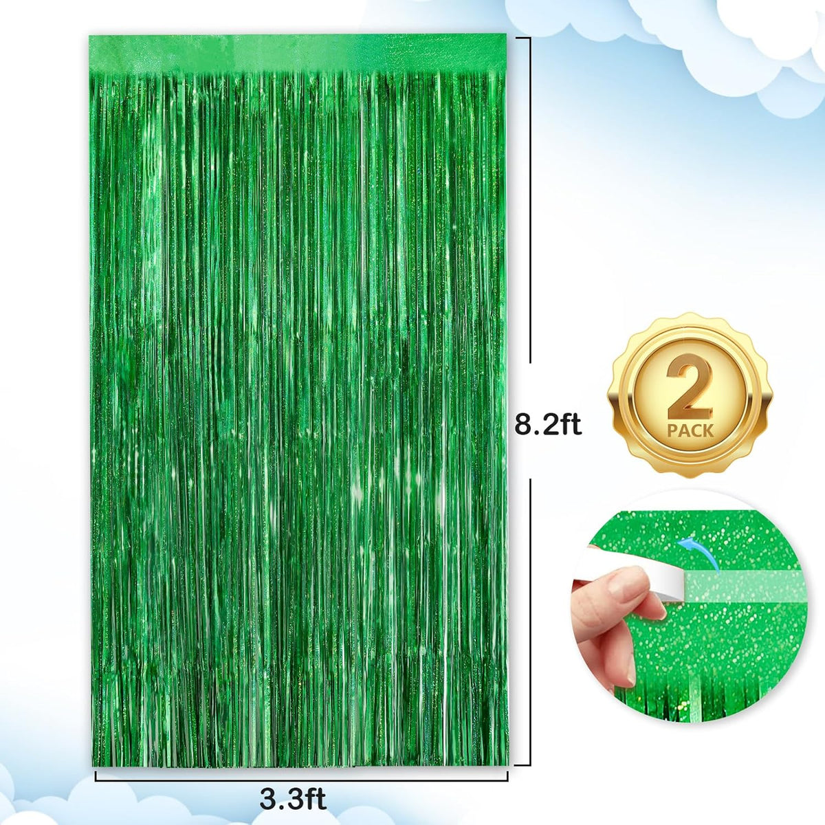 Green Party Streamers 2Pack Foil Fringe Curtains 3.3 x 8.3ft Door Streamers Metallic Tinsel Curtain