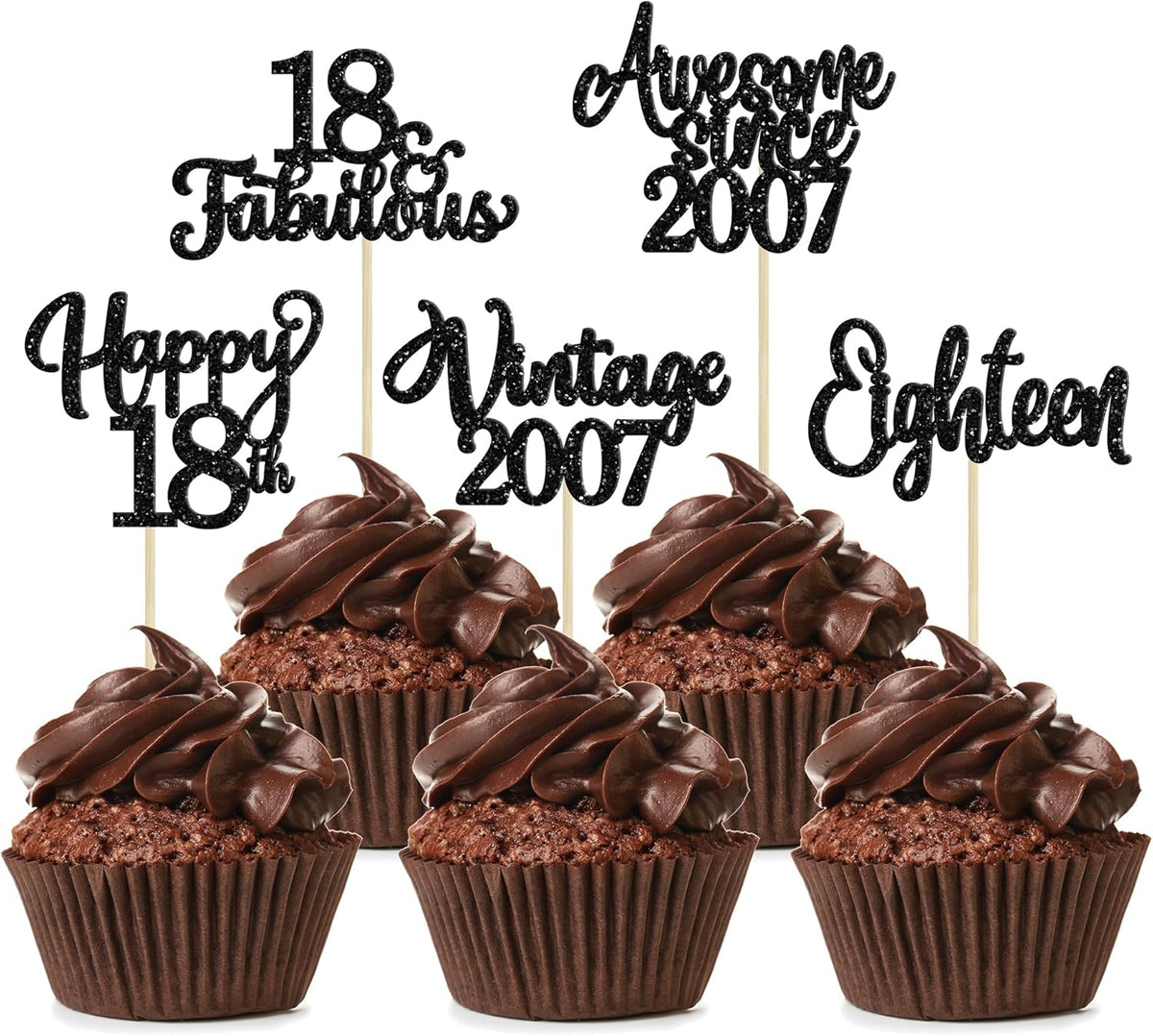 30Pcs Happy 18th Birthday Cupcake Toppers Glitter Eighteen Vintage 2007 Cupcake Picks Cheers to 18