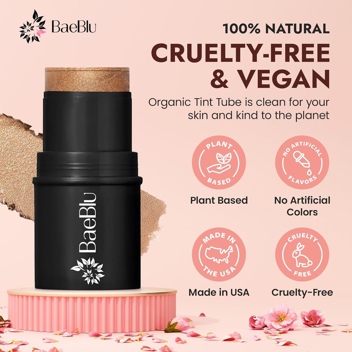 Organic Blush Tube, Brandy - 100% Natural Vegan Cream Blush Sticks, Multi-Use Bronzer, &