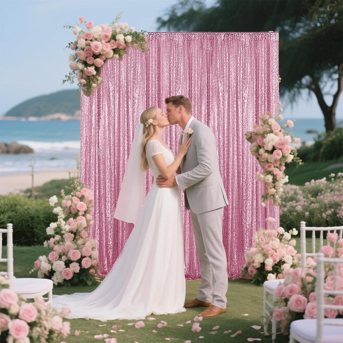 Pink Sequin Backdrop Curtain 4 Pieces 2FTx8FT Glitter Photography Backdrop for Party Wedding