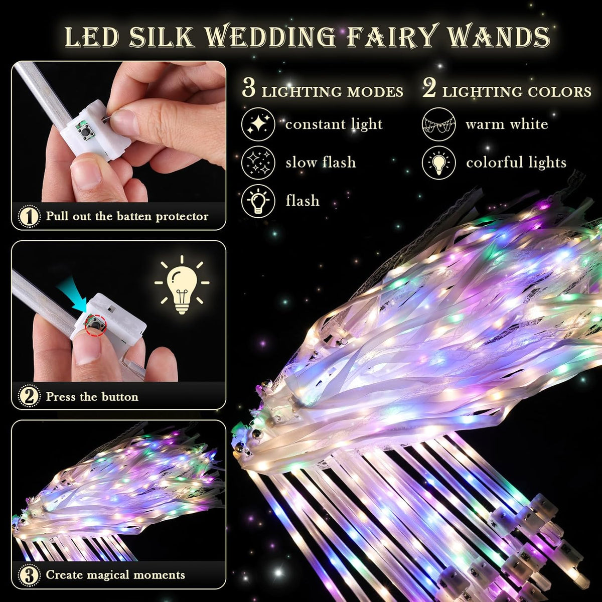 30 Pieces Light up Wedding Wands with Ribbons & Bells –LED Silk Wedd Fairy Wands Streamers with