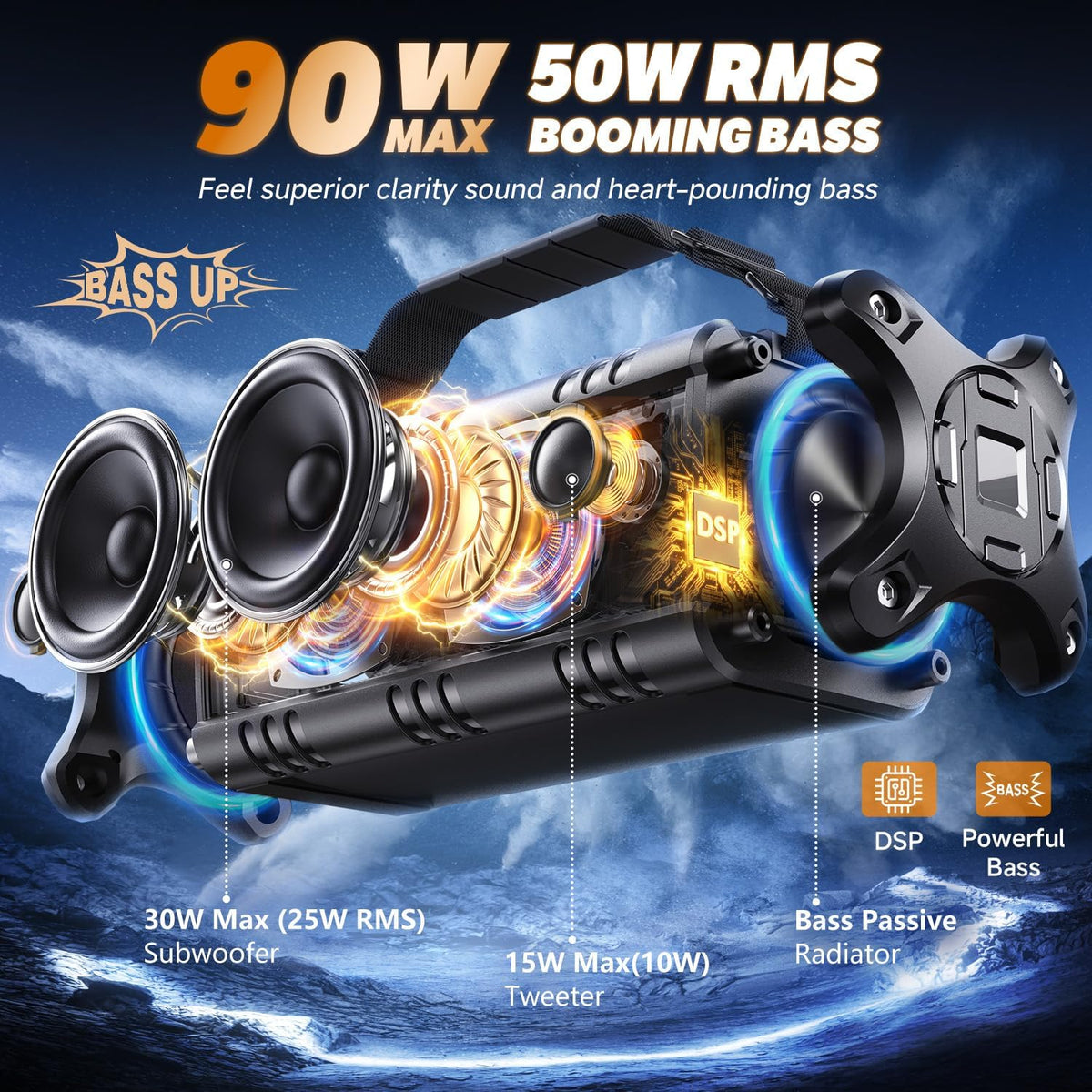W-KING Bluetooth Speaker, 90W Max Portable Outdoor Speaker Loud, IPX6 Waterproof/50W Deep Bass