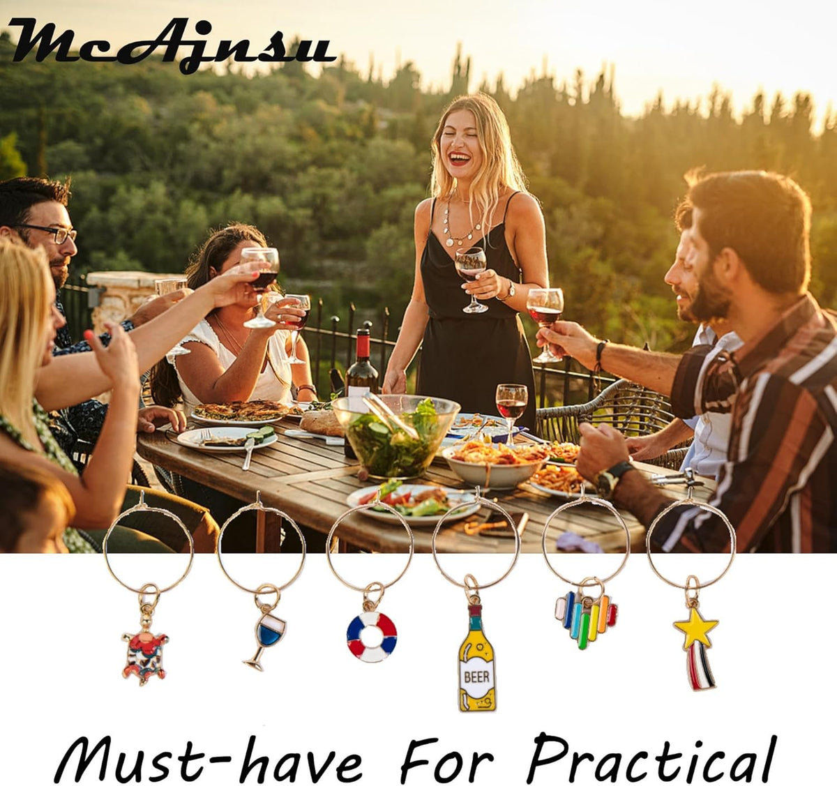 24Pcs Wine Glass Charms & Markers - Reusable Identifier Tags for Stem Glasses - Funny Non-Scratch