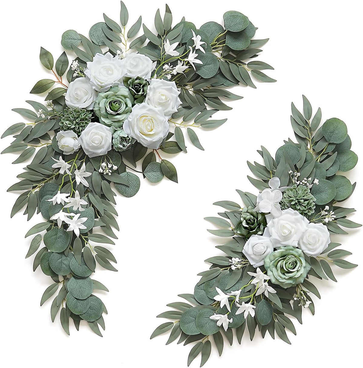 2-Pack Sage Green & White Wedding Flower Swag Set, Large: 35.43"L x 14.56"W, Small: 24.80"L x