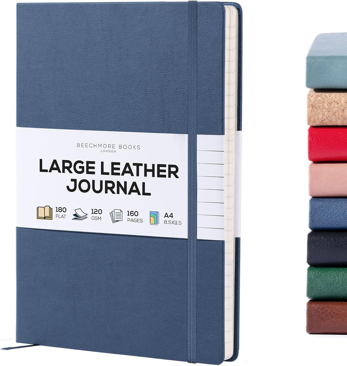 BEECHMORE BOOKS Lined Journal Notebook, 8.5 x 11.5 inch, A4 160 Lined Pages, Hardcover Leather