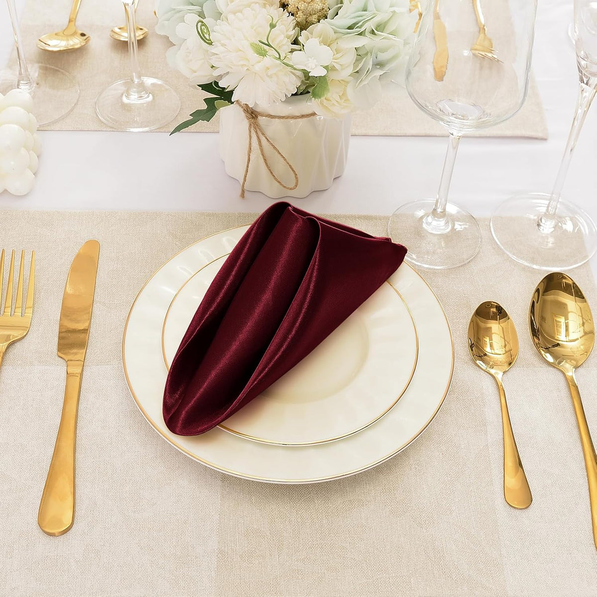 12 Pieces Burgundy Satin Napkins, 17" x 17" Square Table Napkins, Silky Soft Smooth Washable