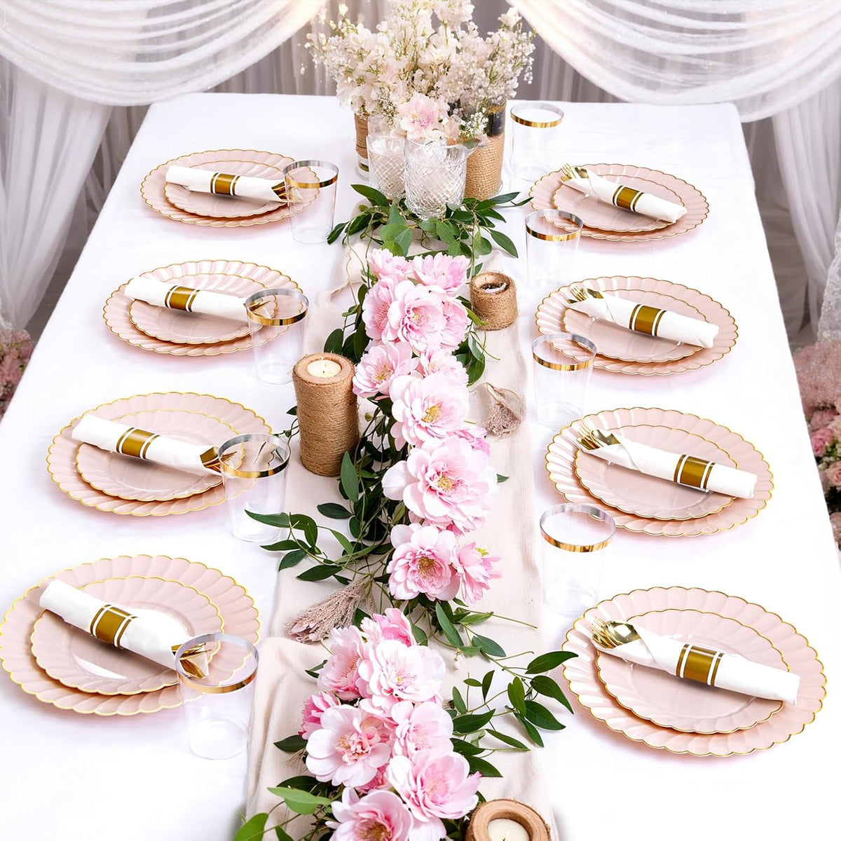 YOUBET 350PCS Pink Scalloped Plastic Plates - Pink and Gold Disposable Dinnerware Set Include 100