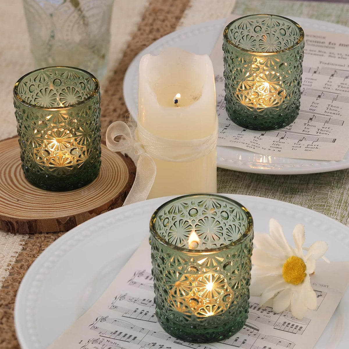 Green Votive Candle Holder Set of 36, Flower Tea Lights Candles Holders for Wedding Table Decor