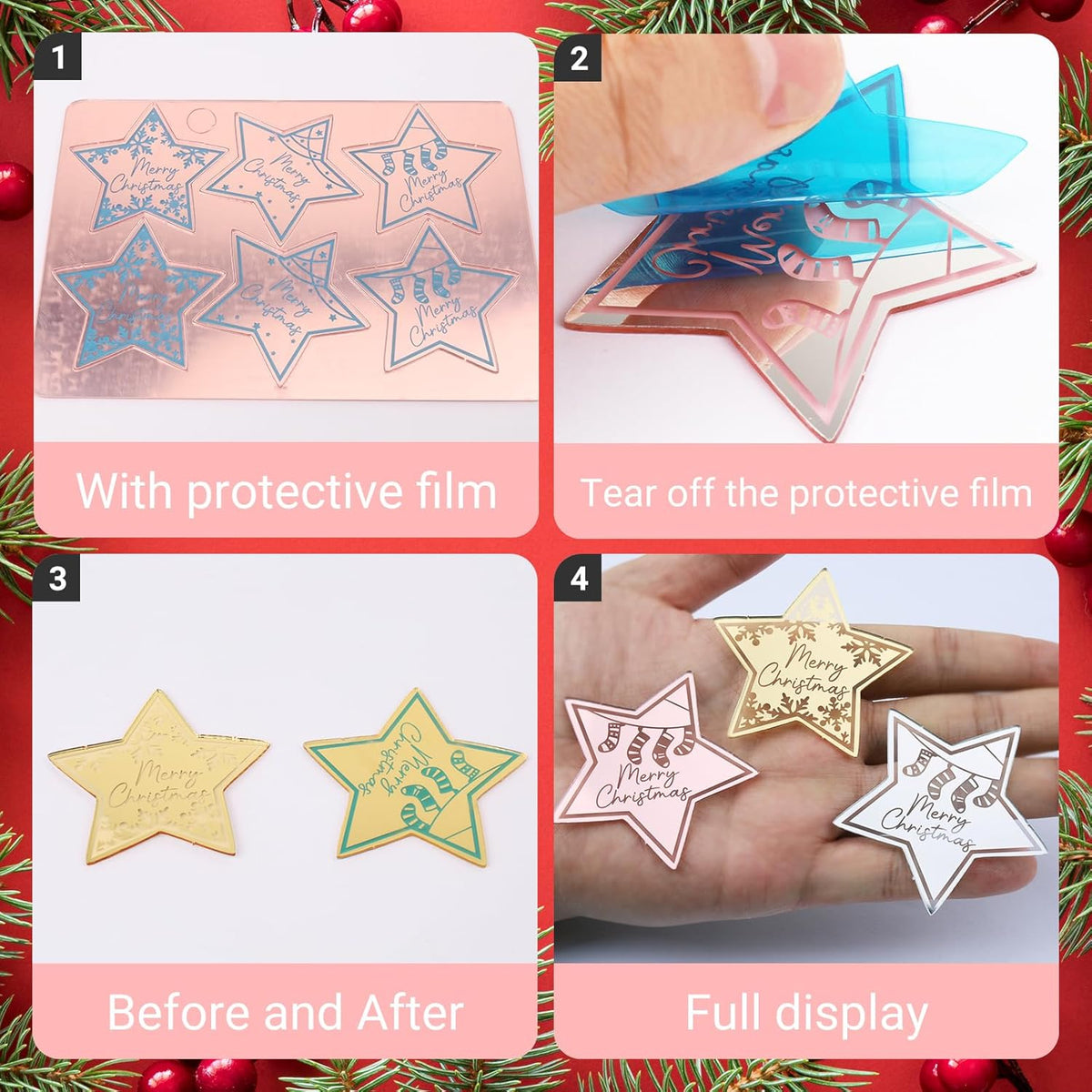 36 Pcs Merry Christmas Acrylic Cupcake Toppers Acrylic Mirror Star Xmas cupcake picks New year