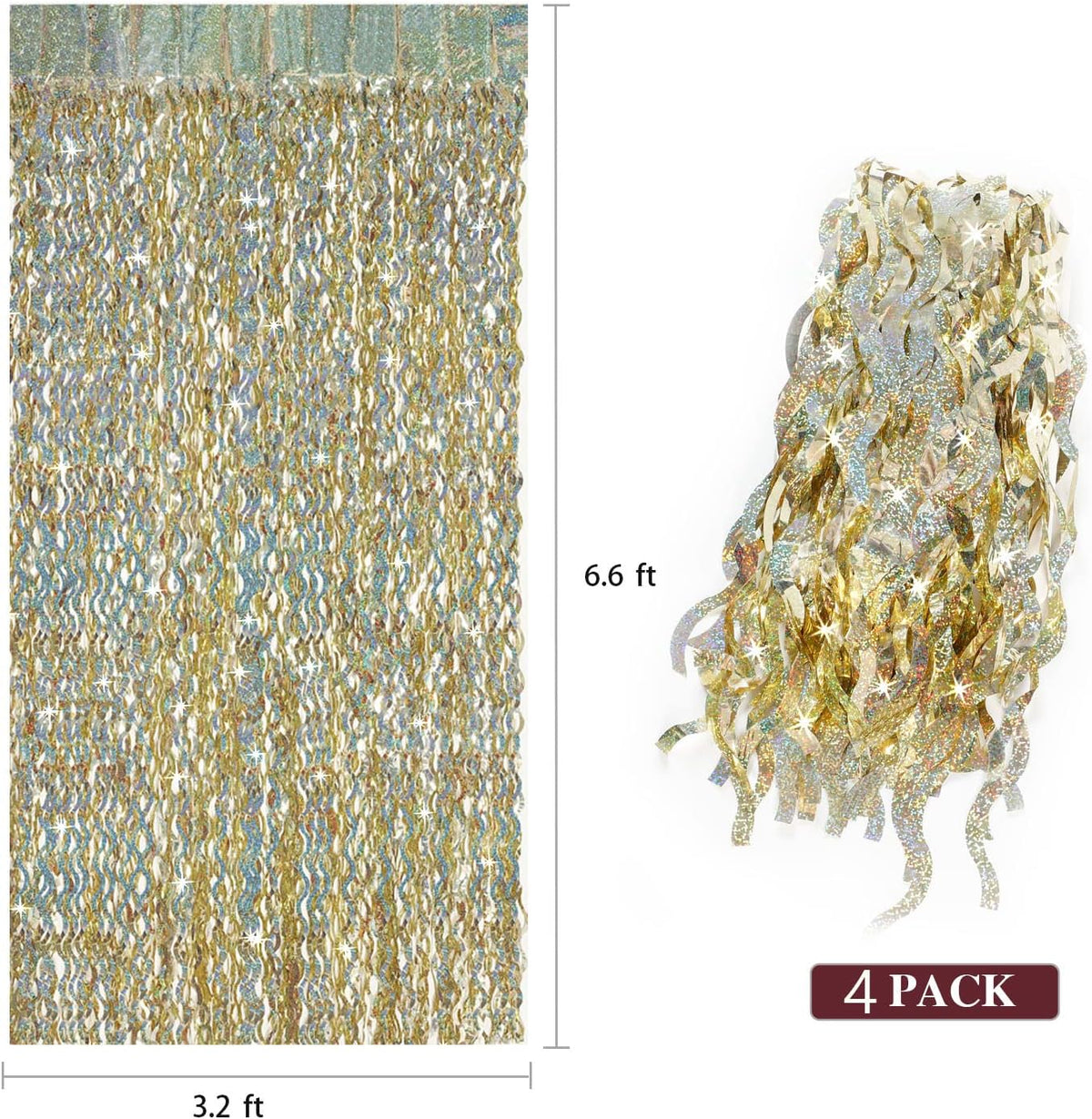 4 Pack Champagne Gold Fringe Curtain Backdrop - CYLMFC 3.3 ft x 6.6 ft Shimmer Wavy Foil Curtain
