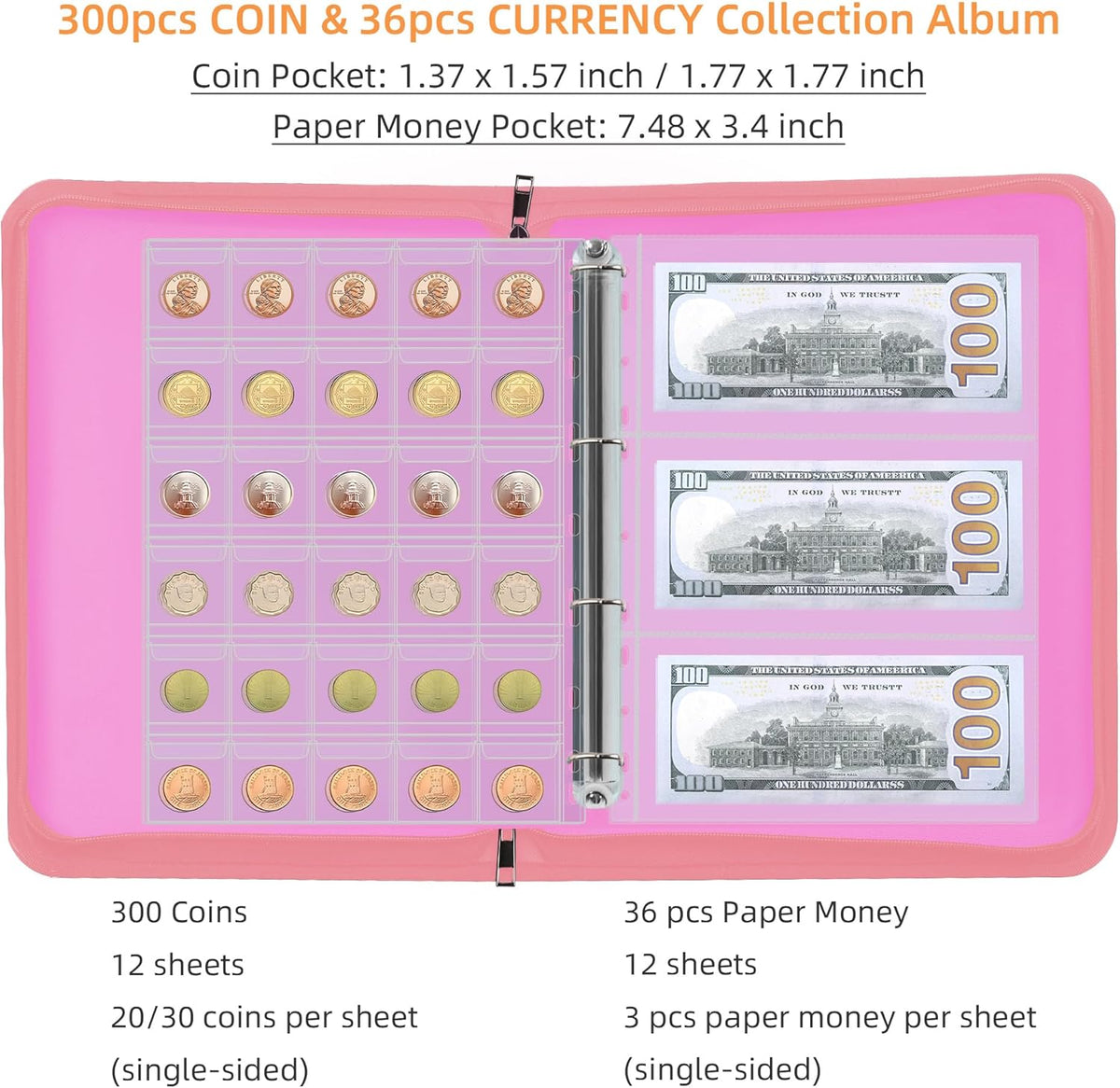 Coin Collection Book Holder for Collectors, 300 Pockets Fireproof Coins Collecting Album & 36