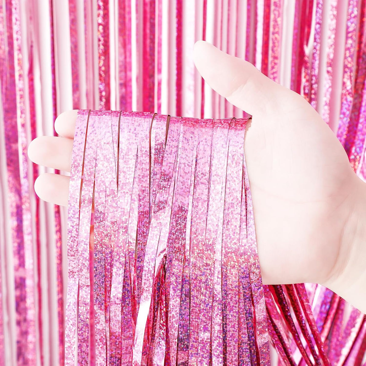 4 Pack 3.3x8.2 Feet Laser Pink Foil Fringe Backdrop Curtains, Tinsel Streamers Birthday Party