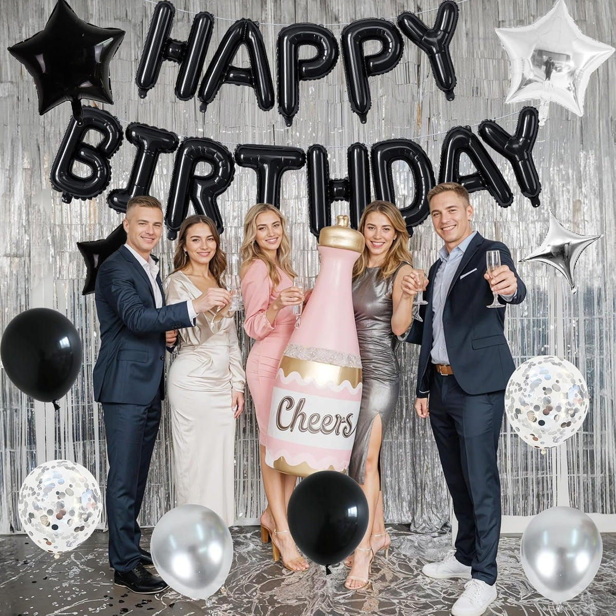 Happy Birthday Balloon Banner Black Silver, 16 Inch Mylar Foil Letter Balloons, Reusable Birthday