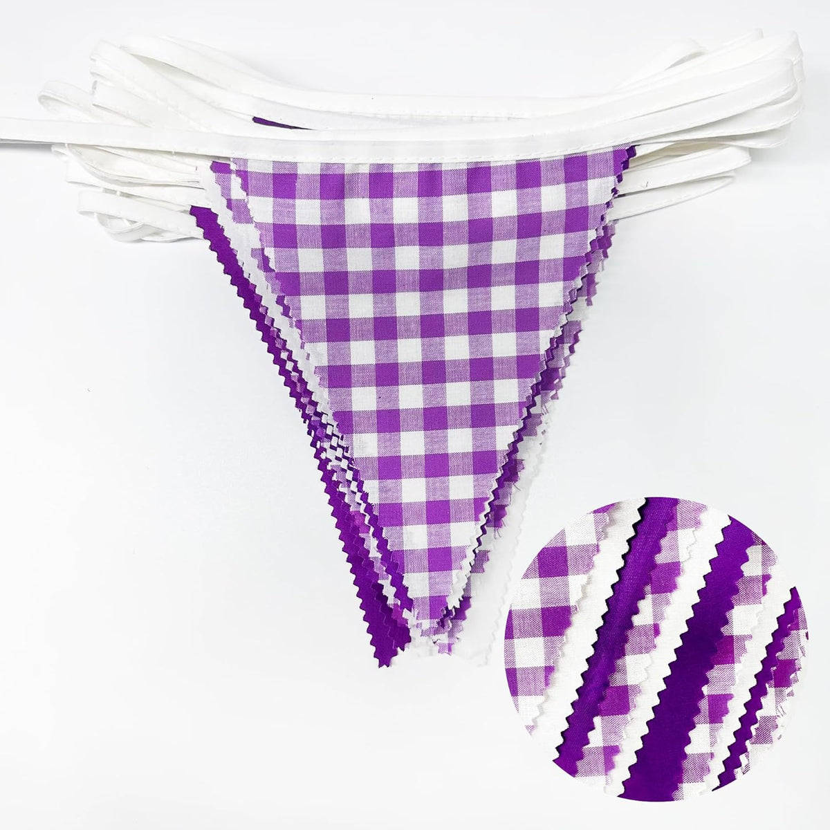 32Ft Purple Party Decorations Purple Buffalo Plaid Checkered White Triangle Flag Gingham Pennant