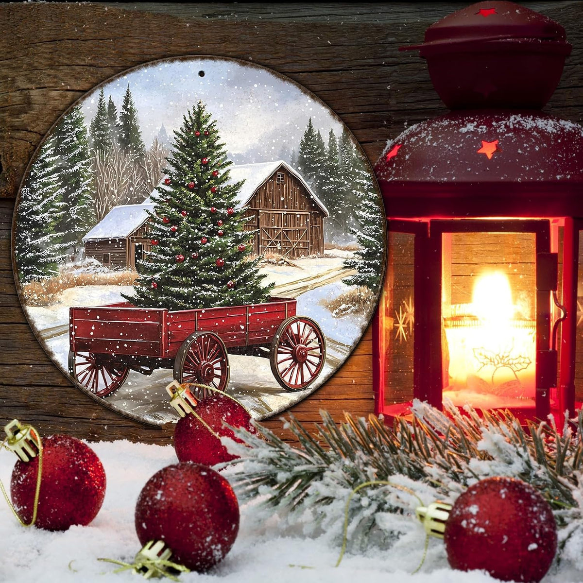 Round Barn Christmas Trees Metal Tin Sign Christmas Vintage Tin Sign Poster For Kitchen Cafe Bar