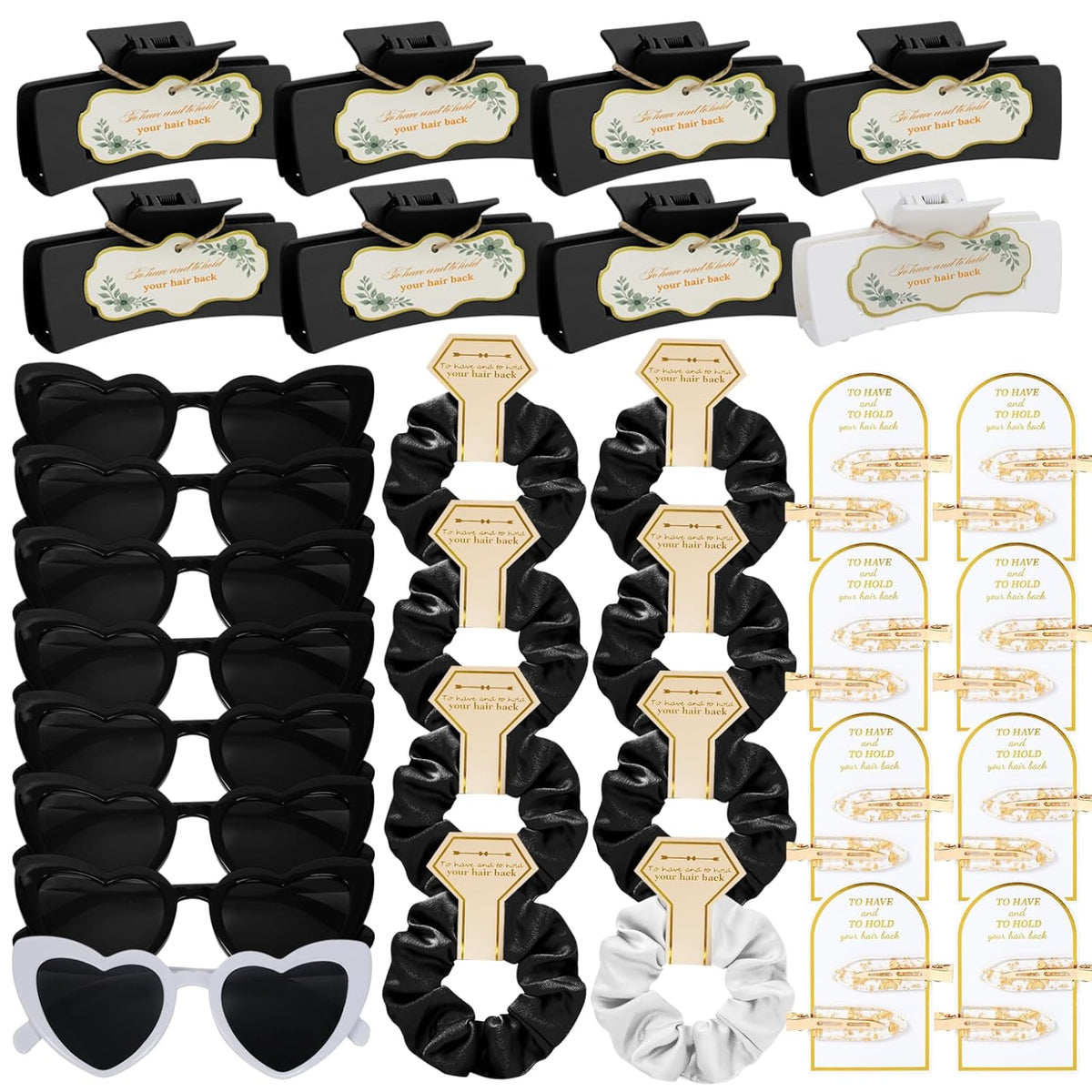 Black Bridesmaid Gift Box for Proposal, 8PCS Hair Claw, Scrunchies, Makeup Clips & Heart Sunglasses