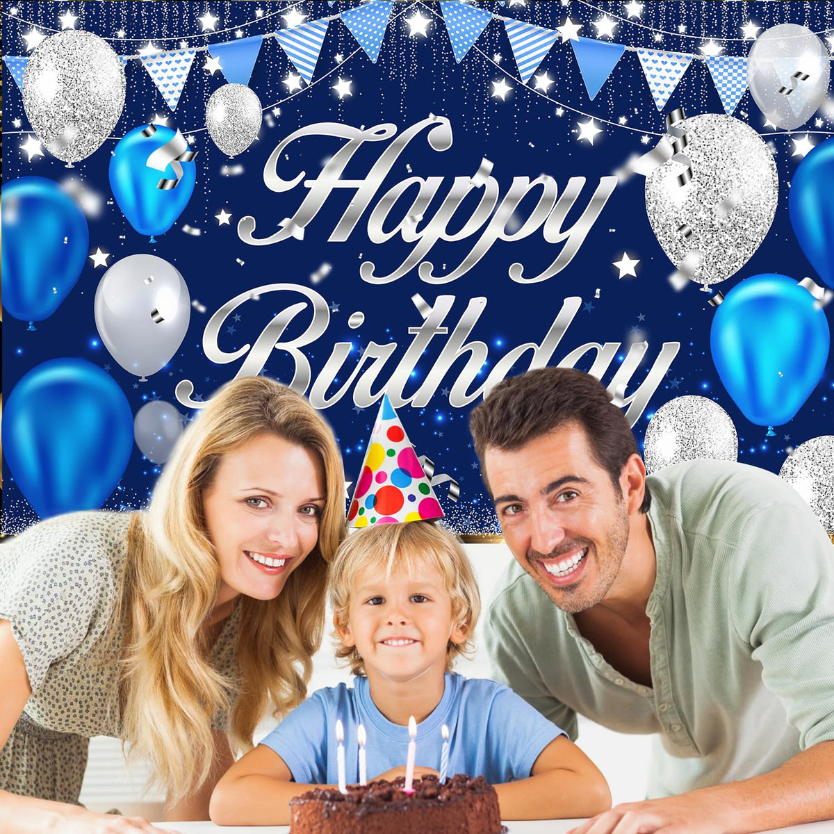 MDCGFOD Happy Birthday Banner - Birthday Decorations for Men Women Boys Girls Blue Sliver Birthday