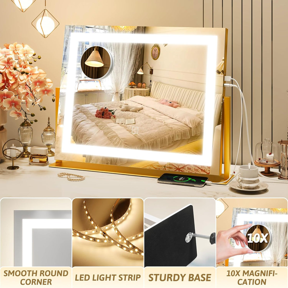 Vanity Mirror with Lights 22"x18", Lighted Makeup Mirror with 10X Magnification, Smart Touch 3