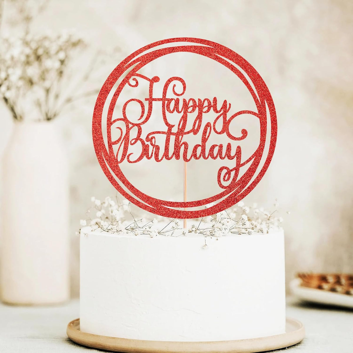 Happy Birthday Cake Topper - Red Glitter Happy Birthday Cake Decoration Supplies for Children or