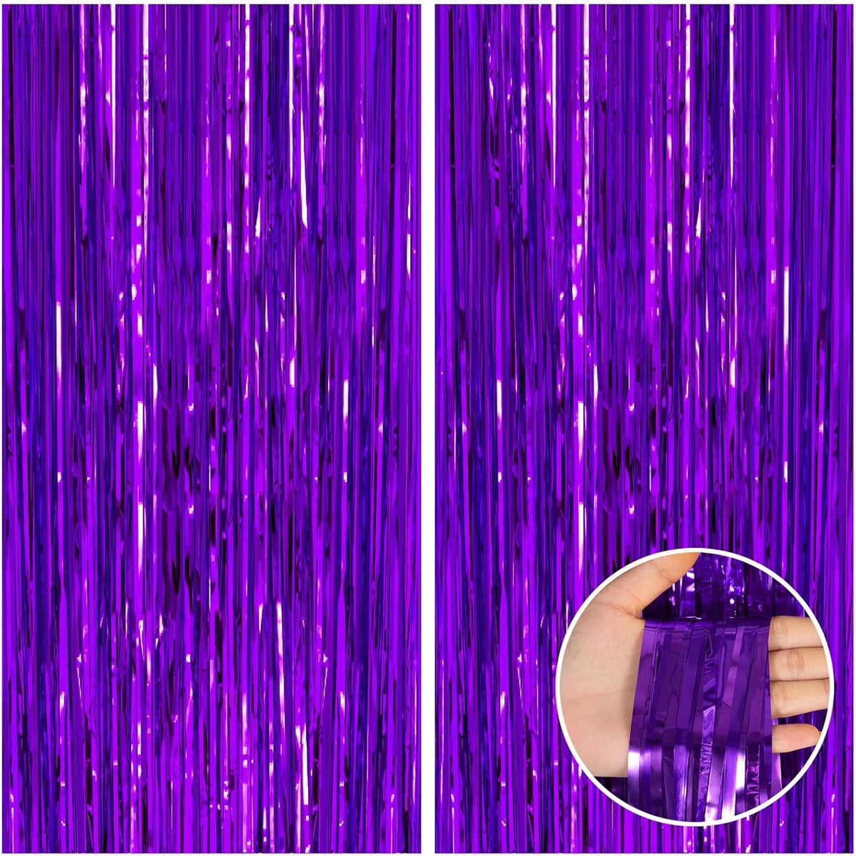 CANREVEL 2 Pack 3.3x8.2 Feet Purple Foil Fringe Backdrop Curtains, Tinsel Streamers for Mermaid