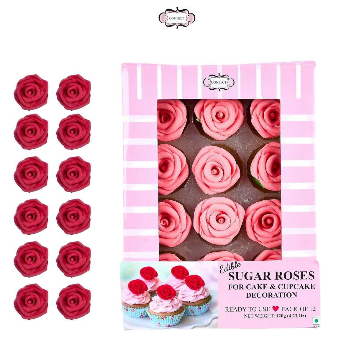 Confect Edible Rose Topper- French Rose Toppers – Pack of 12 Pink French Roses for Cakes, Cupcakes
