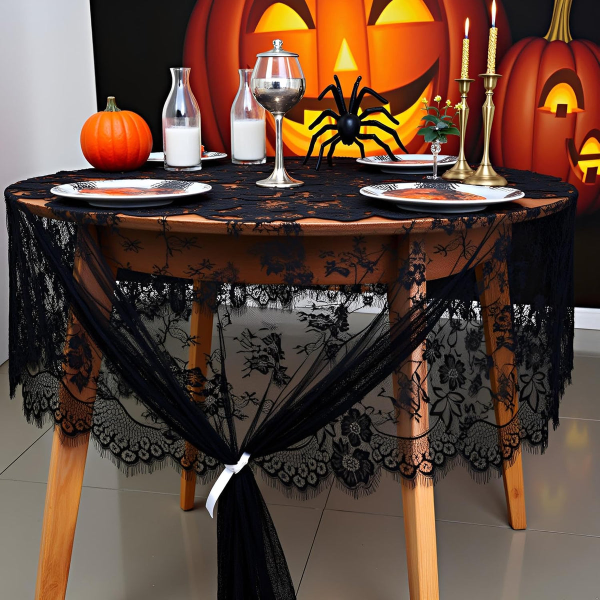 Black Tablecloth Halloween Lace Table Fabric 2pcs 60x120 Inch for Scary Movies Rustic Wedding