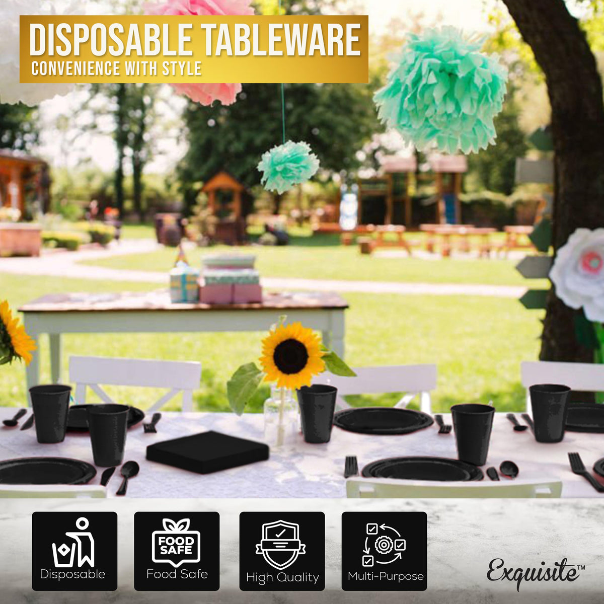 350 Pcs Black Plastic Plates For Party, Black Disposable Plates Set, 50 Of Each 9" Dinner Plate