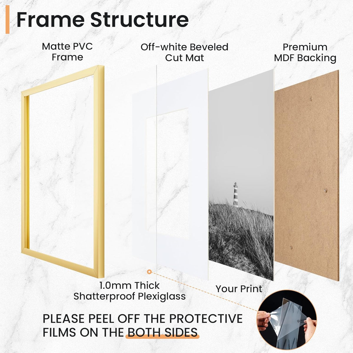 12x16 inch Picture Frame, 12x16 Photo Frames with 8.5x11 Removable Mat - High Definition Plexiglass